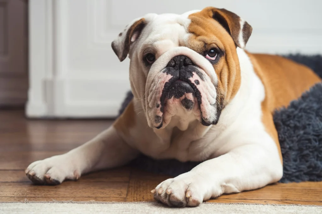 An English Bulldog is lying on a wooden floor.